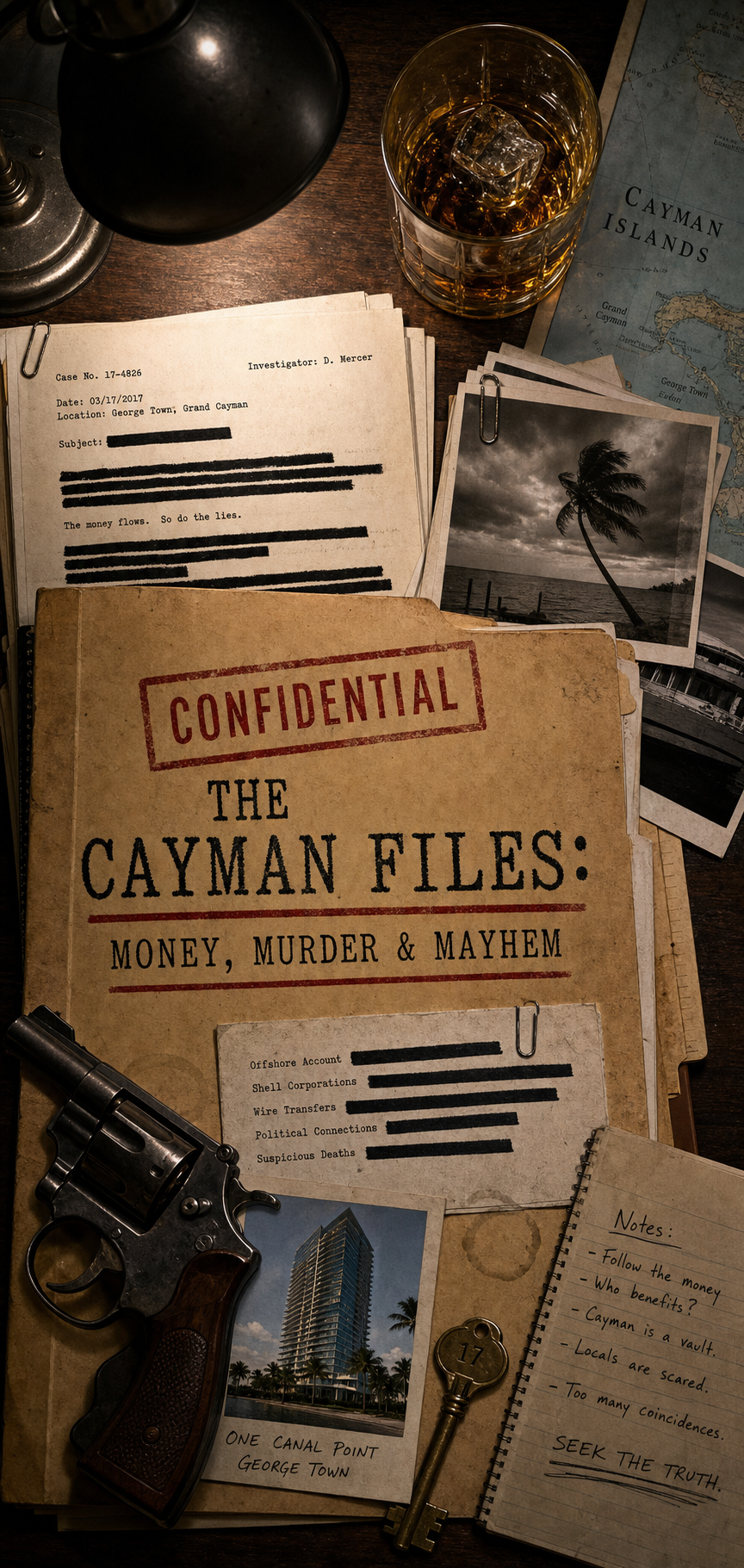 The Cayman Files — Money, Murder & Mayhem cover. Dossier with revolver, whisky, evidence photos, redacted documents.